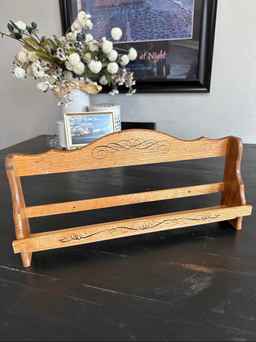 Vintage Black Scroll Natural Wood Wall Shelf with Scalloped Top